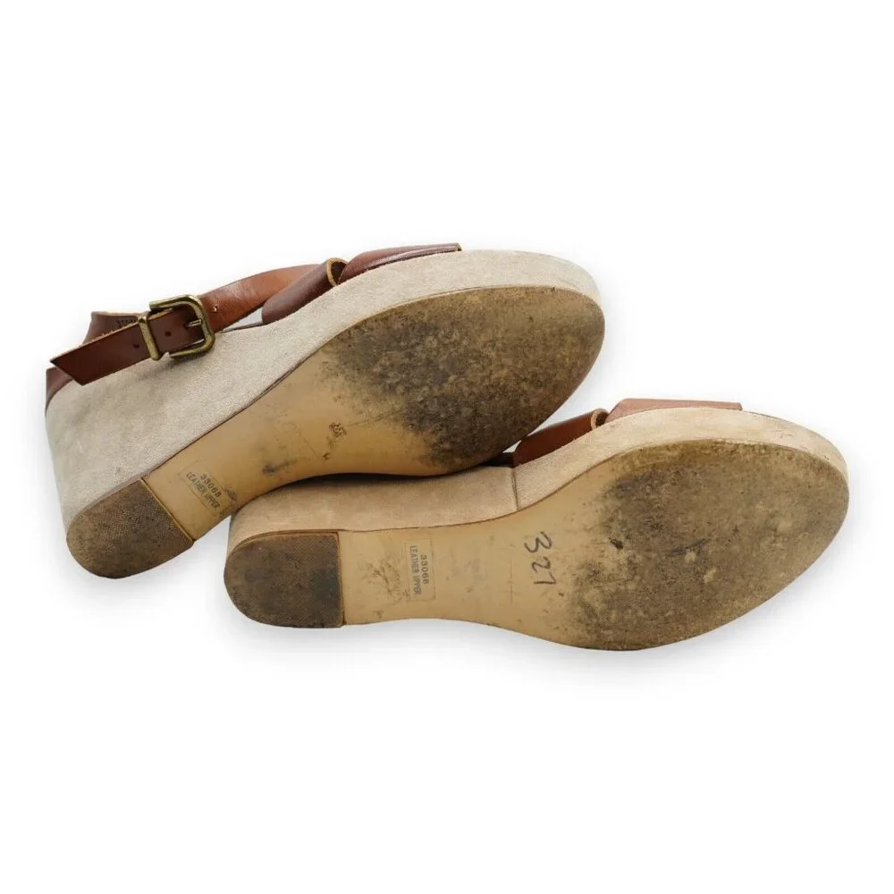 J. CREW Military Brown Leather Suede Strap Wedge Sandals Sz 10 Italy‎ Made 33068